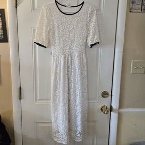 Reborn J White Lace Maxi Dress Womens Size Small Vintage Modest Style USA Made